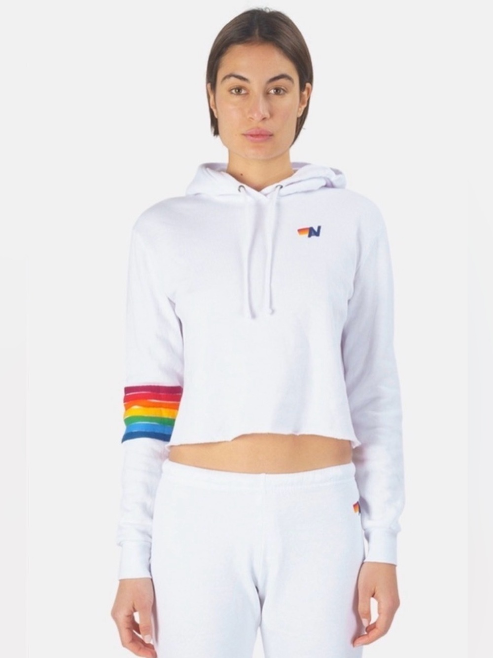 🌈Aviator Nation White Cropped Rainbow Stripe Pullover Hoodie Size Medium
